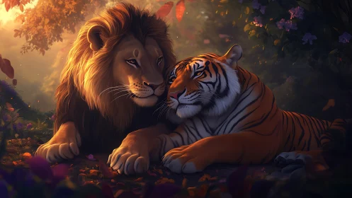 Lion and Tiger Portrait with Warm Atmospheric Lighting and Floral Surroundings