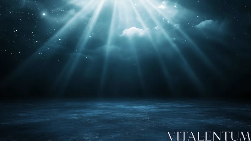 Calm ocean surface under radiant night sky light beams.