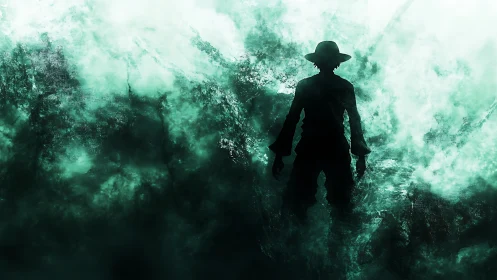 Silhouetted lone figure in green misty abstract haze.