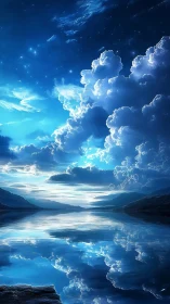 Digital seascape renders reflective lake beneath clouded sky