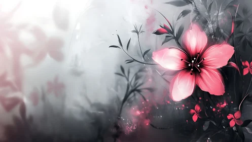 Digital flowers with luminescent petals against grayscale background.