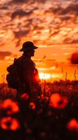 Solitary soldier stands in poppy field under burning sunset sky