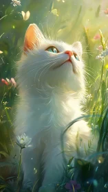 White kitten glows in sunlit meadow of wildflowers.