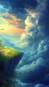 Floating cliff plateau over luminous storm clouds at dawn.