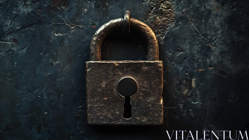Weathered metal padlock rests against dark textured steel