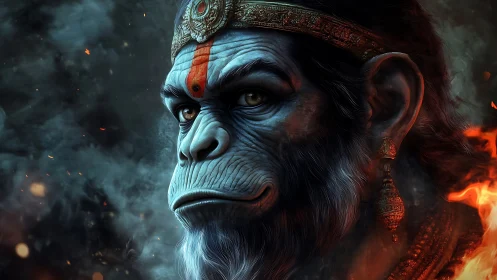 Majestic warrior monkey gazes calmly through swirling embers