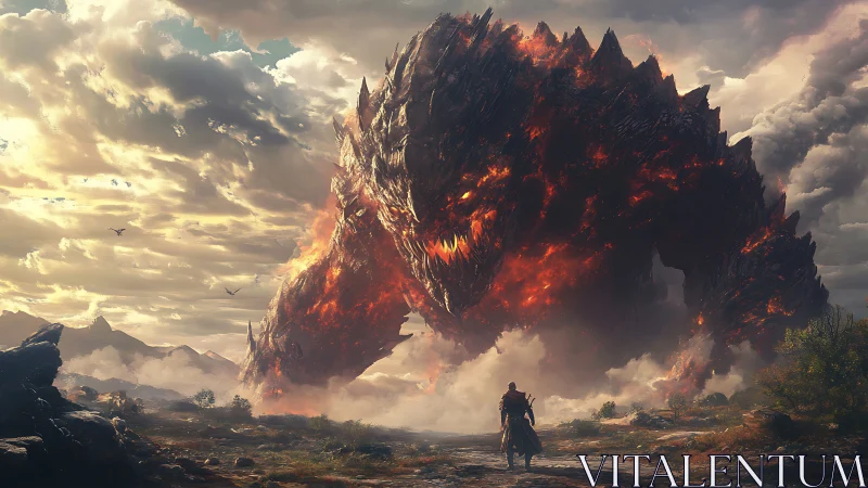 Sky-scarred horizon trembles as lone hero confronts ember titan