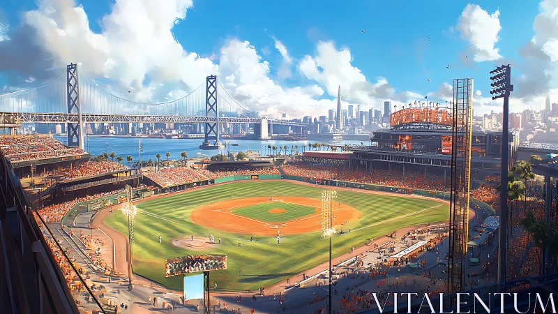 Sunlit bayfront ballpark humming under bright city skies.