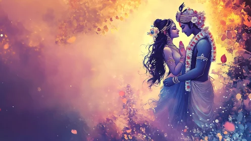 Divine Romance: Blue Deities Embraced in Golden Floral Radiance.