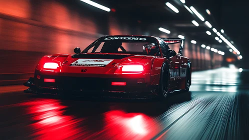Red tuner car races through neon-lit tunnel at night.