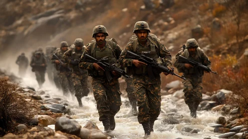 Infantry squad advances through rocky mountain stream under fire.