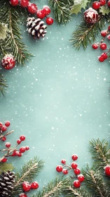 Festive winter border with holly, berries and frosted fir branches.