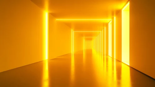 Golden corridor glows with linear neon light geometry.