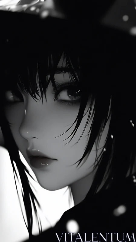Monochrome anime girl gazes softly through drifting light.