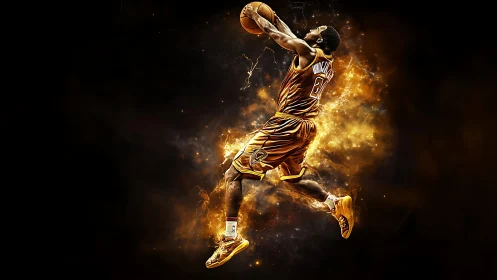 Dynamic basketball dunk frozen in fiery digital motion trail