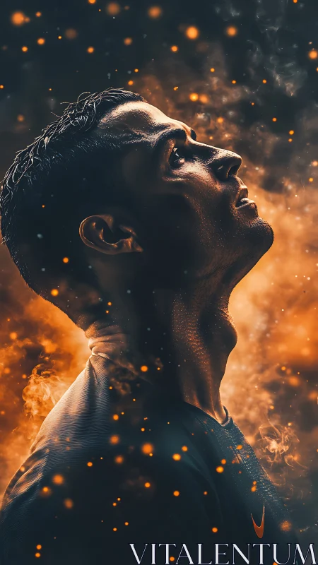 Side-lit athlete gazes upward through glowing ember haze