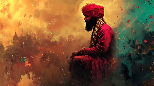 Seated figure in red turban is rendered against abstract cityscape