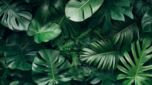 Dense tropical leaf background with layered green foliage.