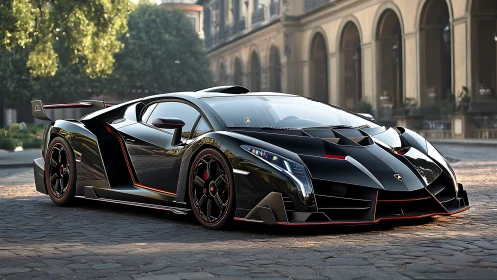 Bold black supercar glows with red accents in a sunlit plaza