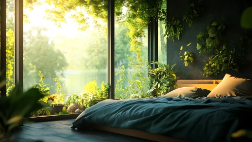 Photorealistic biophilic bedroom with panoramic glazing design.