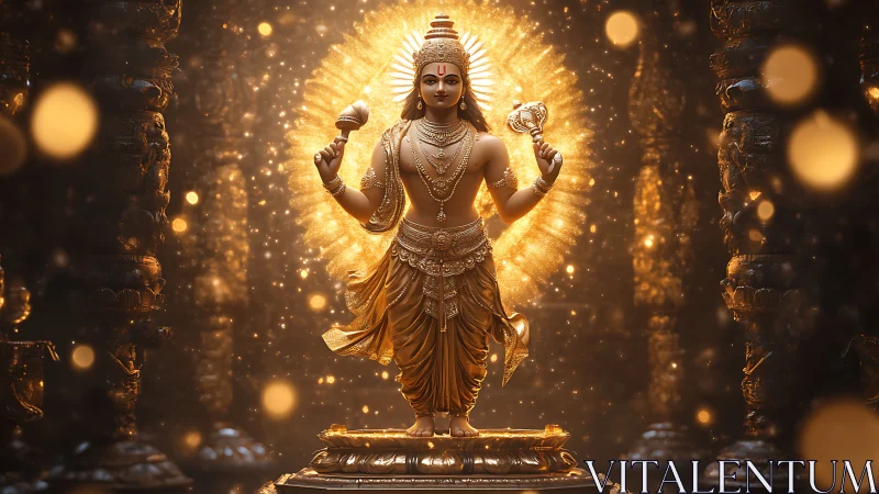 Golden luminous deity statue in ornate temple interior glow