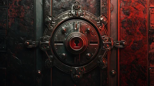 Mysterious red vault door with glowing keyhole invitation.