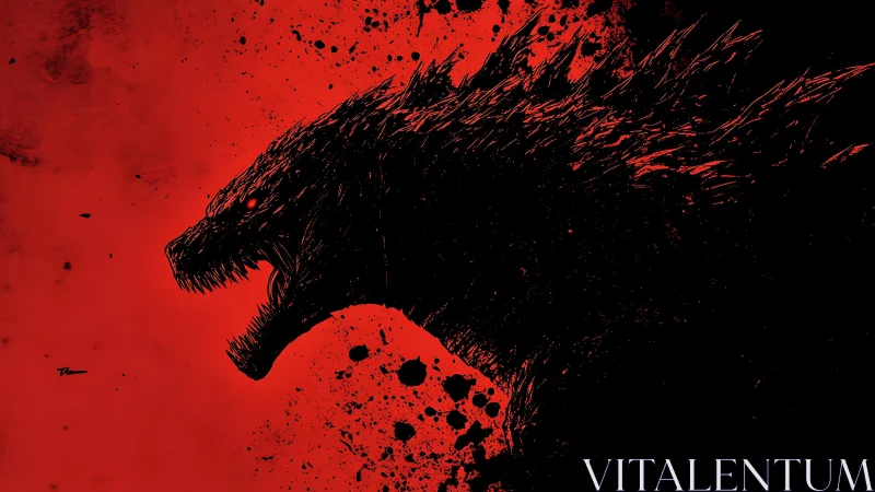 Monstrous silhouette erupts in crimson splatter and shadow.