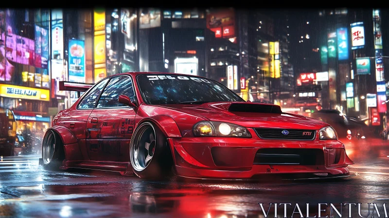 Neon soaked red street racer prowling a rainlit Tokyo night.