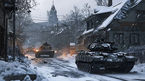 Steel beasts creep through a snowbound ghostly village street