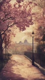 Softly lit park promenade with cherry blossoms and distant dome
