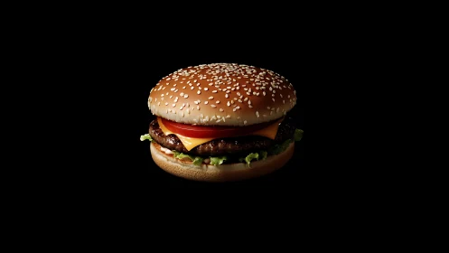 Sesame-crowned burger floats in spotlighted midnight space