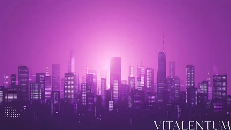 Neon-lit cyber city skyline glows in radiant purple dusk.