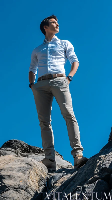 Skyline daydreamer standing tall on rugged sunlit rocks.