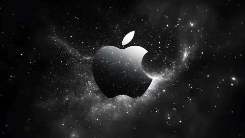 Metallic emblem in high-contrast cosmic particle field.