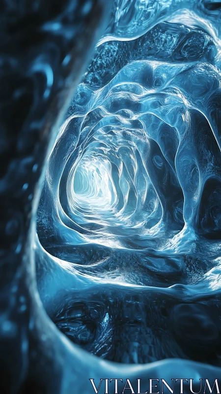 Glowing icy tunnel twists into an abstract crystalline void.