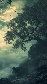 Noctilucent cliffside canopy with atmospheric depth cues.