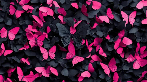 Neon pink butterflies against deep black sculpted wings.