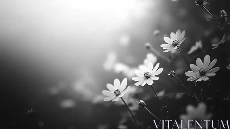 Monochrome daisies illuminated by soft morning light.
