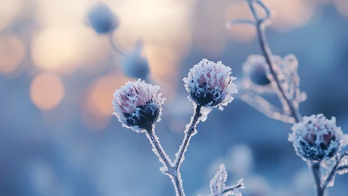Frost-covered flower buds glistening in winter morning light