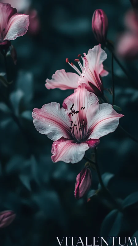 Pink Lilies Bloom Against Dark Teal Backdrop.