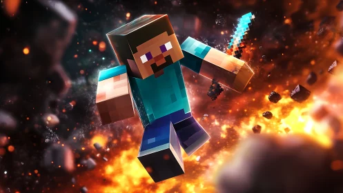 Voxel adventurer in explosive lava-field combat render.