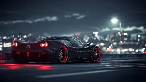 Black sports car sits on wet city road at night