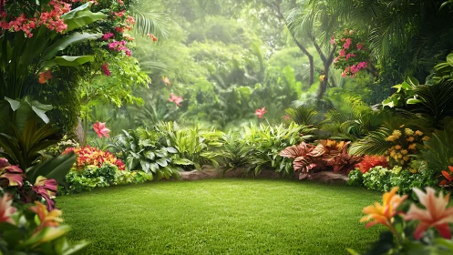Lush tropical garden border around bright green lawn.