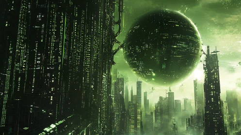Green futuristic cityscape with massive hovering sphere structure.