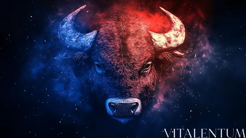 Bison portrait splits into red fury and blue nebula haze.