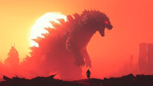 Colossal kaiju silhouette storms burning red cityscape.