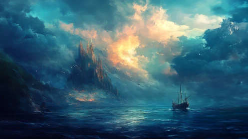 Mystical Castle Emerges from Glowing Clouds Over Ocean