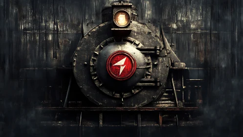 Industrial locomotive frontal portrait in digital painting style.