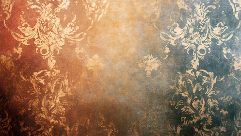 Distressed damask wallpaper gradient with baroque floral arabesques
