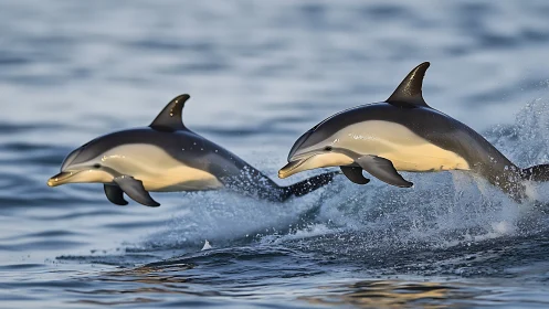 Two common dolphins leaping over ocean surface in daylight.
